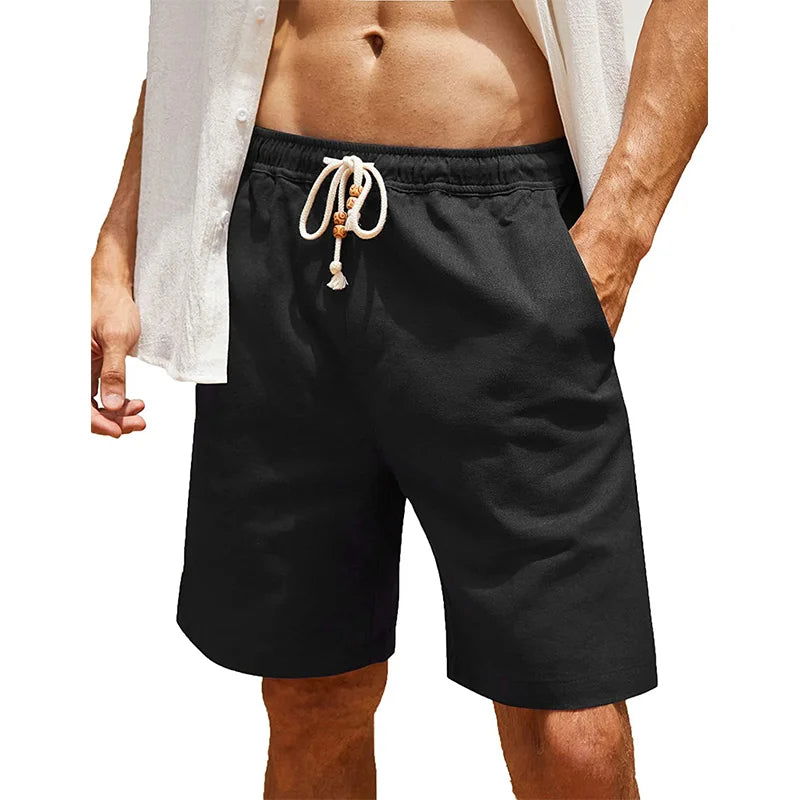 2023 Summer New Men's Shorts Cotton Linen Pockets Casual Fashion Beach Shorts Solid Color Versatile Vacation Shorts - KK Store