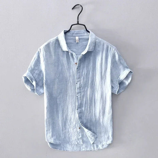 2024 Japanese simple Oxford spinning solid color short shirt for men's linen thin casual short sleeve shirt - KK Store