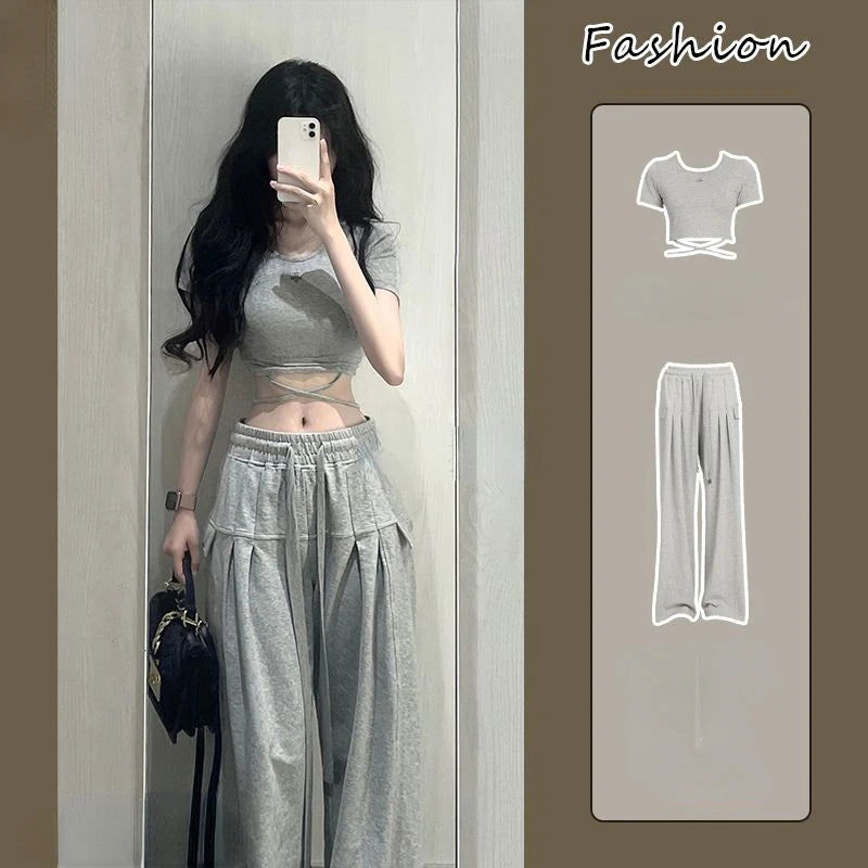 2 Piece Pant Sets 2024 Summer Casual Y2k Crop Top + Loose Trousers Sport Wear Korean Fashion Suits Chic Outwear T Shirts Blouse - KK Store