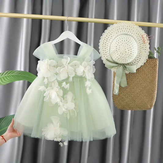 2pcs Toddler Girls Fashion Dress Hat Green 0-5Years Summer Girl Dress Children Flower Wear Princess Dress for Girls Kids Clothes - KK Store