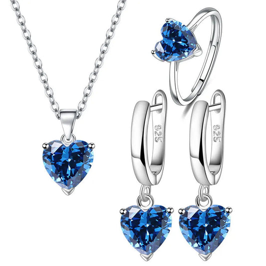 925 Sterling Silver Jewelry Sets For Women Heart Zircon Ring Earrings Necklace Wedding Bridal Elegant Christmas Free Shipping - KK Store