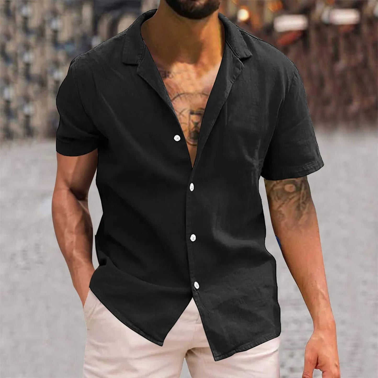 Black  Beach Style Hawaii Shirt Tops Short Sleeve Turn-Down Collar Cotton Linen Button Blouse Work Travel Style Male Loose Shirt - KK Store