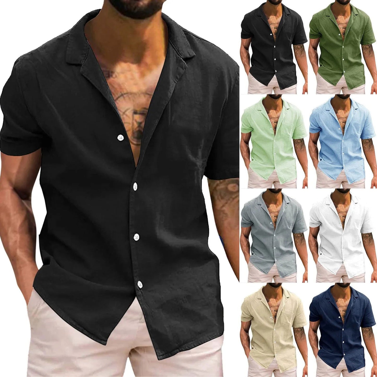 Black  Beach Style Hawaii Shirt Tops Short Sleeve Turn-Down Collar Cotton Linen Button Blouse Work Travel Style Male Loose Shirt - KK Store