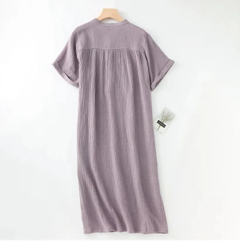 Chic 100% Cotton Gauze Muslin Dresses For Women 2023 Casual Solid Short Sleeve Button Women'S Summer Dress Midi Beach Sundress - KK Store