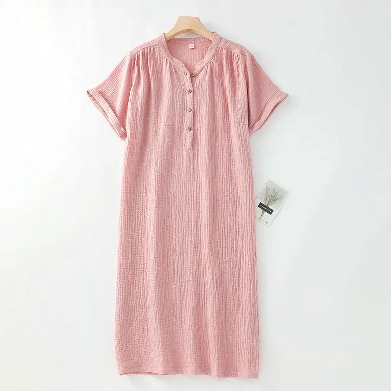 Chic 100% Cotton Gauze Muslin Dresses For Women 2023 Casual Solid Short Sleeve Button Women'S Summer Dress Midi Beach Sundress - KK Store