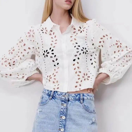 Cropped Shirt  White Lace Blouse Eyelet Cut Embroidery Top Wear  Hollow Out Women's Summer Clothing - KK Store