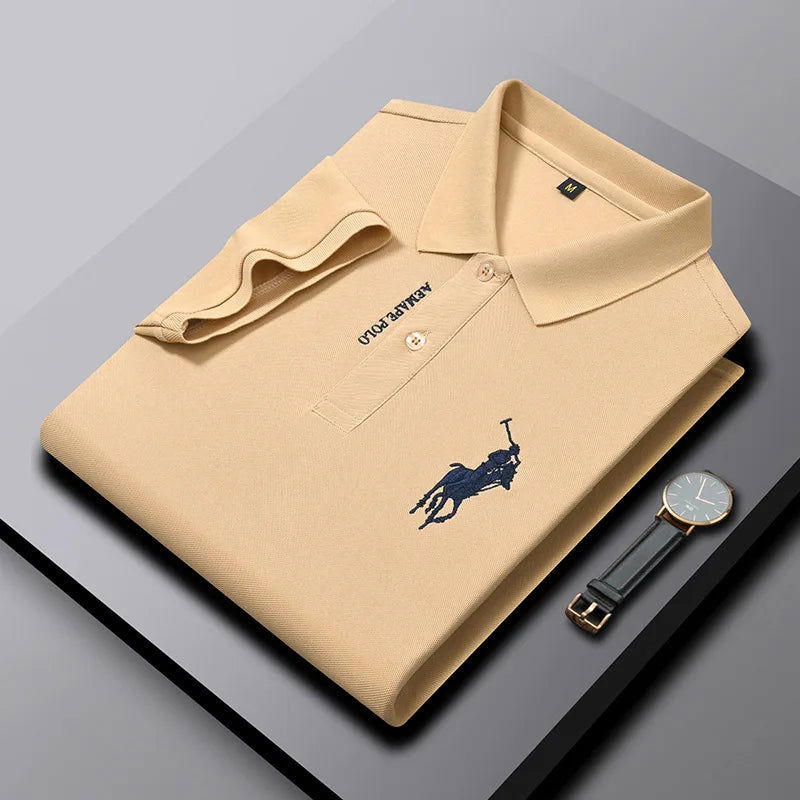 Embroidered Men's Pure Cotton Popsicle Cotton Short Sleeved Polo Shirt 2024 Summer New Business Casual Breathable Men's Top 4xl - KK Store