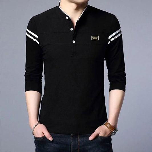 Fashion Men New Long Sleeve Basic Polo Shirts Spring Autumn New Striped Slim Tees Korean Male Clothes Business Casual Tops 2022 - KK Store