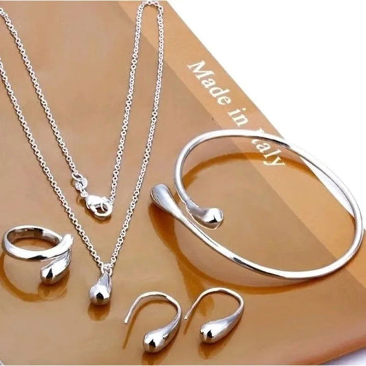 Fashion S925 Silver Needle Earrings Ring Bracelet Set Simple Personality Womens Water Drop Four-piece Jewelry Set for Women Gift - KK Store