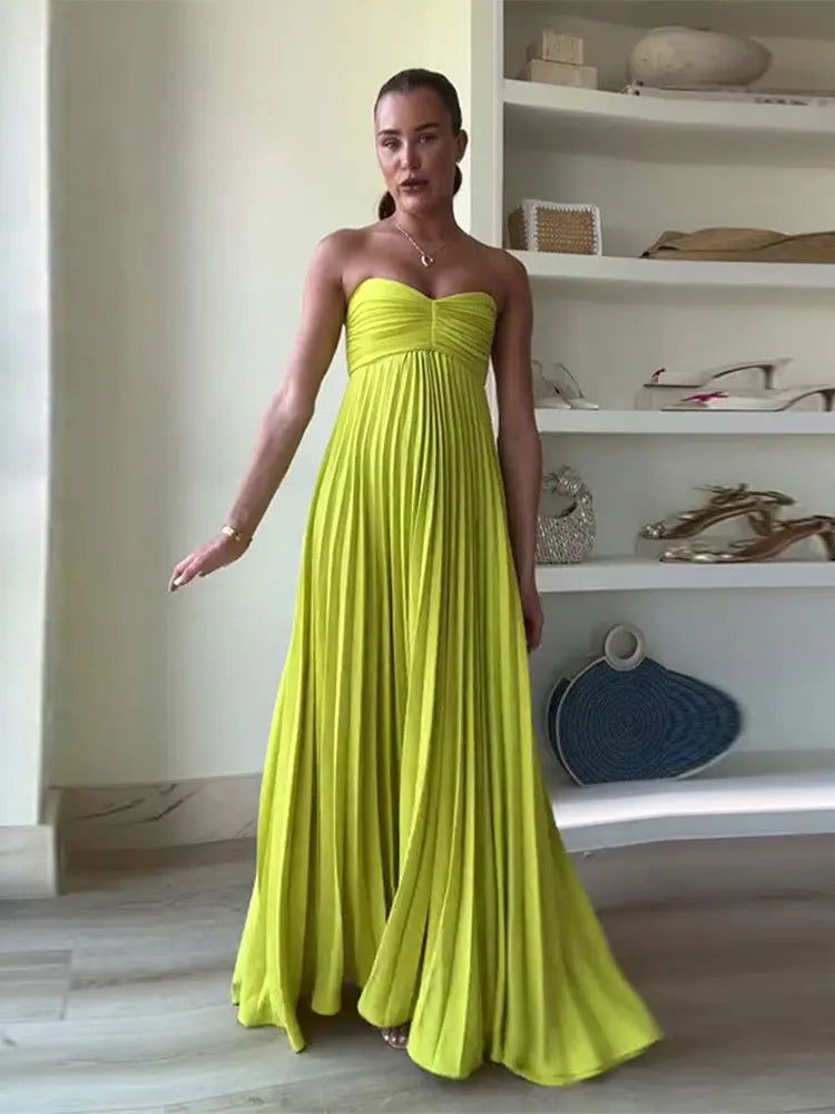 Female Strapless Pleated Elegant Party Dress Sexy Sleeveless Off Shoulder Maxi Dress 2024 New Lady Prom Gown Evening Vestidos - KK Store