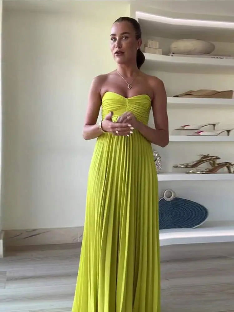 Female Strapless Pleated Elegant Party Dress Sexy Sleeveless Off Shoulder Maxi Dress 2024 New Lady Prom Gown Evening Vestidos - KK Store