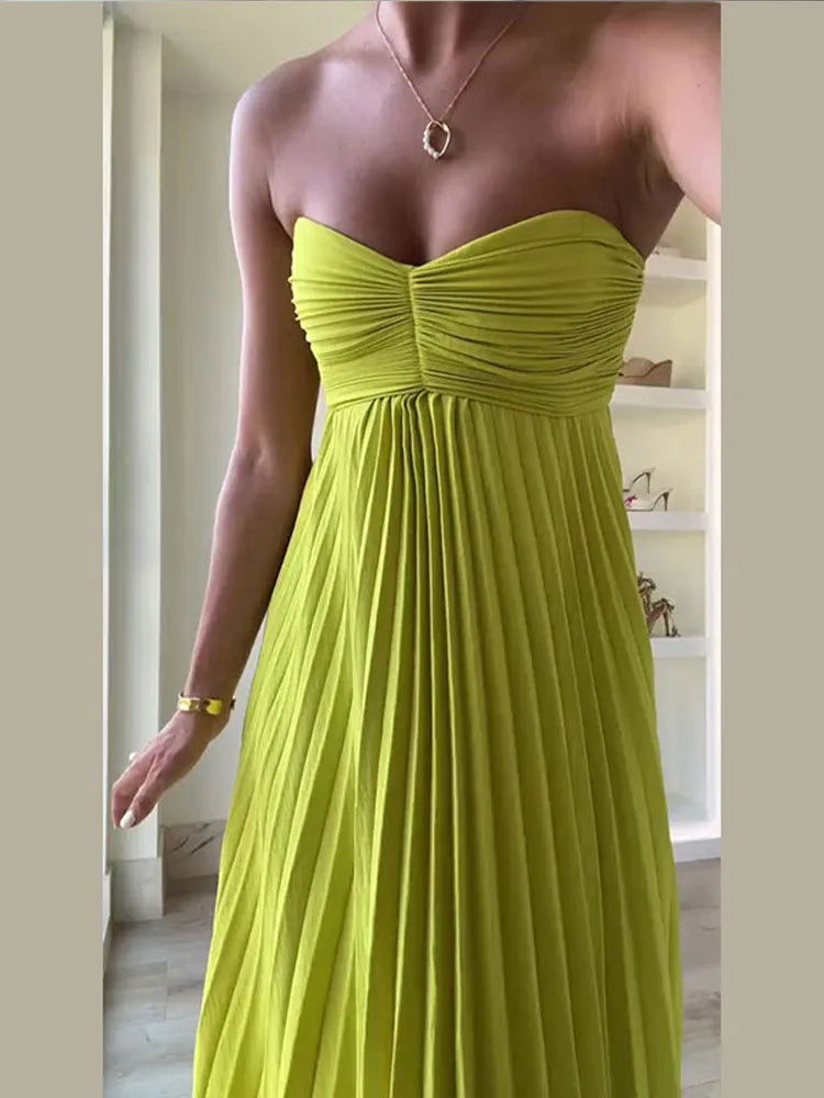 Female Strapless Pleated Elegant Party Dress Sexy Sleeveless Off Shoulder Maxi Dress 2024 New Lady Prom Gown Evening Vestidos - KK Store