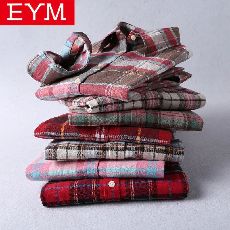 Brand High-Quality Women's Flannel Plaid Shirt Cotton Embroidered Top.