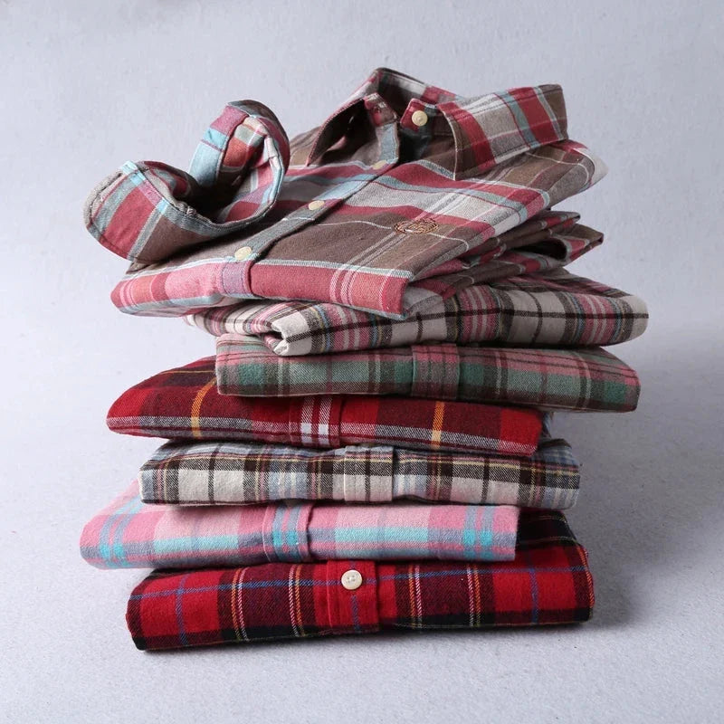 Brand High-Quality Women's Flannel Plaid Shirt Cotton Embroidered Top.