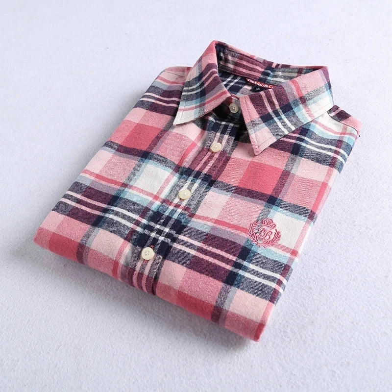 Brand High-Quality Women's Flannel Plaid Shirt Cotton Embroidered Top.