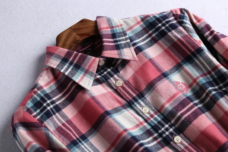 Brand High-Quality Women's Flannel Plaid Shirt Cotton Embroidered Top.