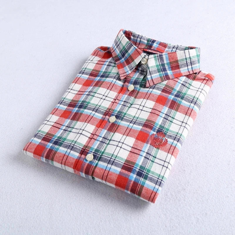 Brand High-Quality Women's Flannel Plaid Shirt Cotton Embroidered Top.