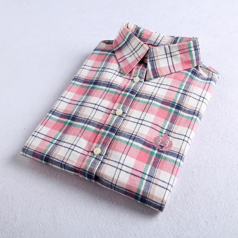 Brand High-Quality Women's Flannel Plaid Shirt Cotton Embroidered Top.