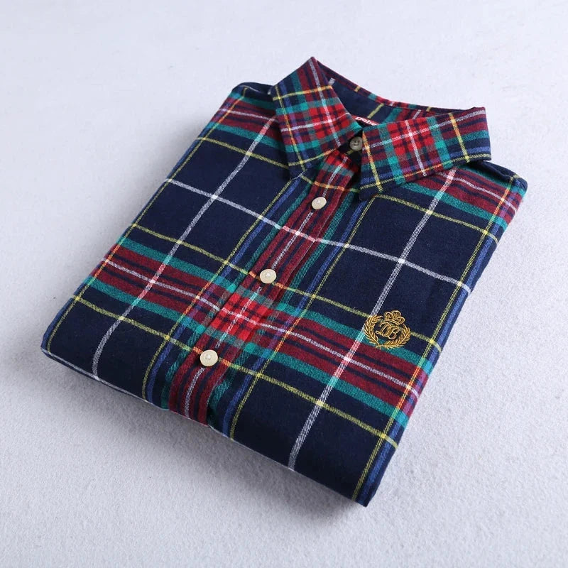 Brand High-Quality Women's Flannel Plaid Shirt Cotton Embroidered Top.