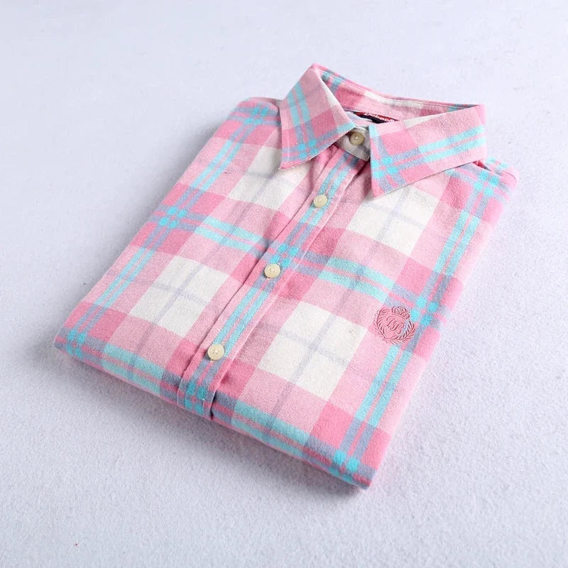 Brand High-Quality Women's Flannel Plaid Shirt Cotton Embroidered Top.