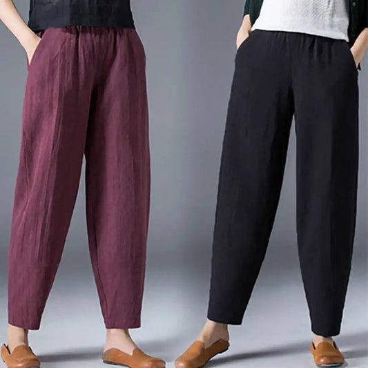 Ladies Long Pants With Pockets Elastic Waist Wide Leg Ninth Pants Casual Wear Temperament Women Fashion Loose Linen Trousers - KK Store