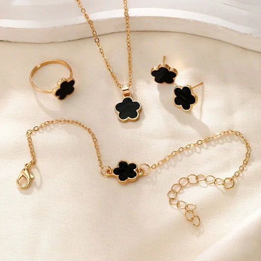 Jewelry Flower Clover Earrings Necklace Ring Bracelet Four-piece