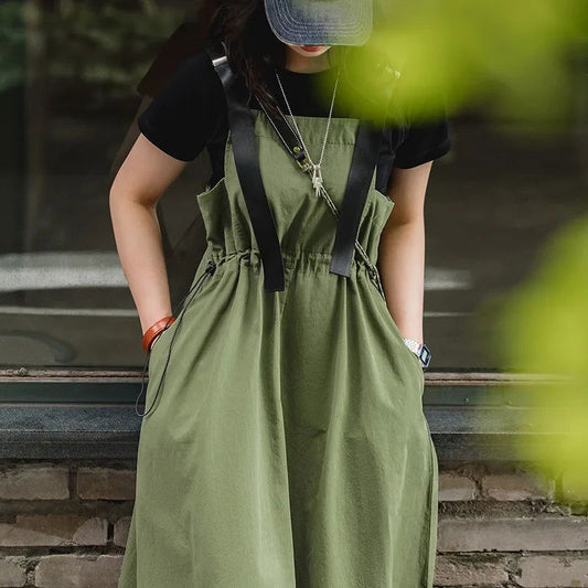 Maden Green Strap Dress for Women Suspender Long Skirt Adjustable Loose Vintage Style Cargo Sleeveless Dress Casual Wear - KK Store