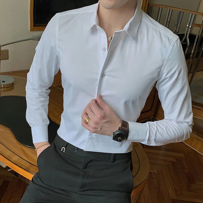 New Fashion Cotton Long Sleeve Shirt Solid Regular Fit Male Social Casual Business White Black Dress Shirts 5XL 6XL - KK Store