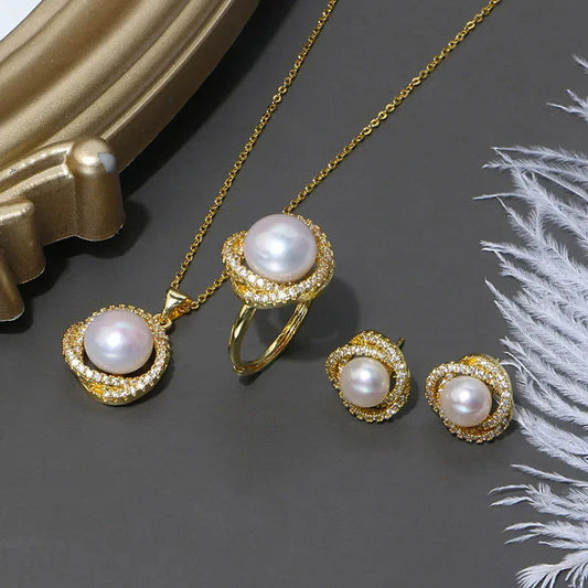 jewelry New Inlaid zircon Pearl Necklace Ring Earrings Set for Women