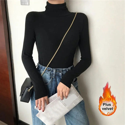 Pullover Tops Slim-fit Thermal Turtleneck Elasticity Base Shirt Solid Color High Collar Long Sleeve Sweater For Daily Wear - KK Store