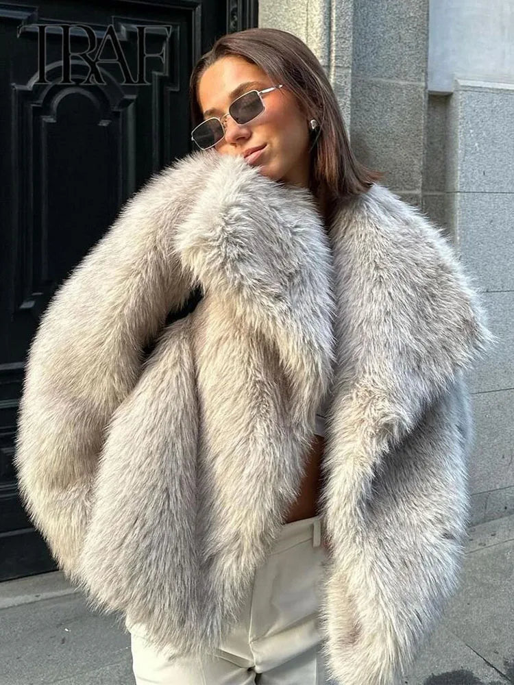 Women Loose Stand Collar Long Sleeve Coat Autumn Winter Chic Female Fur Jacket Coat