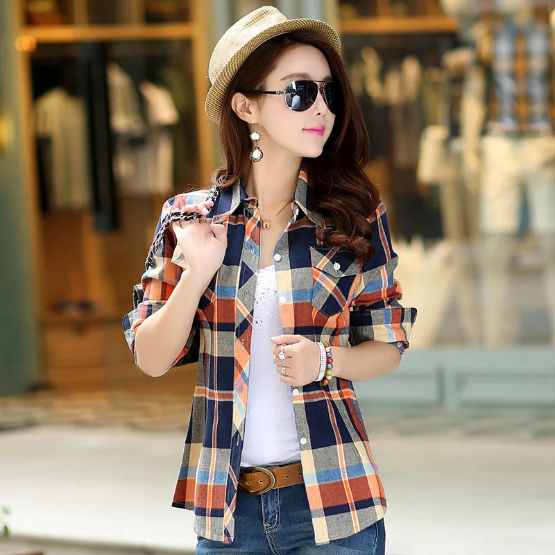 Trendy Women's Plaid Shirts Casual Cotton Loose Tops Youth Fashion Sty