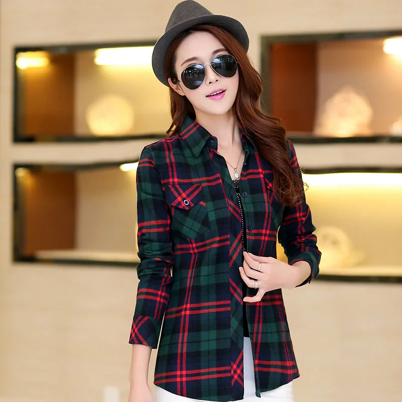 Trendy Women's Plaid Shirts Casual Cotton Loose Tops Youth Fashion Sty