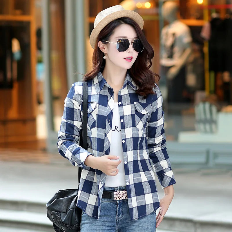 Trendy Women's Plaid Shirts Casual Cotton Loose Tops Youth Fashion Sty