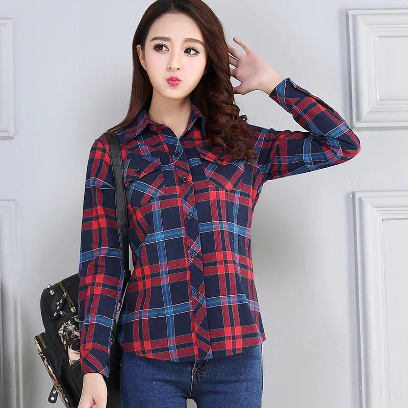 Women’s Casual Tops Flannel Plaid Shirt Long Sleeve Elegant Tops Sale.