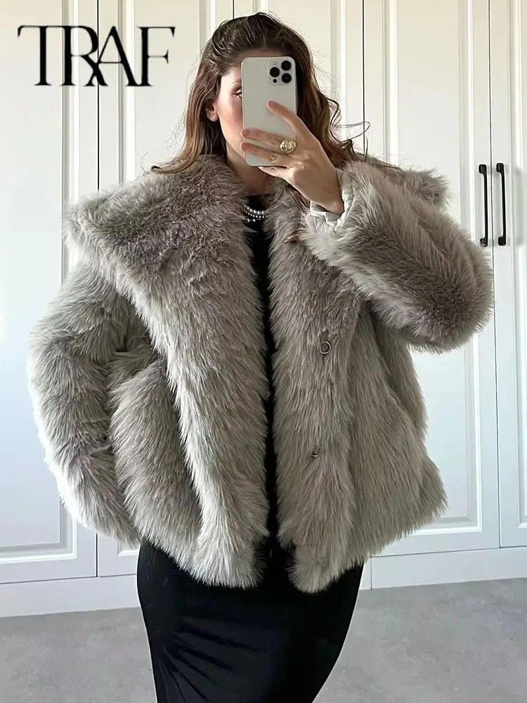 Women Loose Stand Collar Long Sleeve Coat Autumn Winter Chic Female Fur Jacket Coat