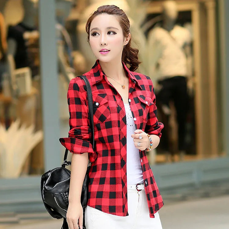 Trendy Women's Plaid Shirts Casual Cotton Loose Tops Youth Fashion Sty