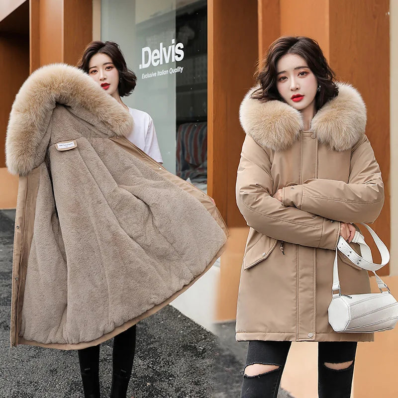 Women Parka Fashion Long Coat Wool Liner Hooded Parkas New Winter Jacket Slim with Fur Collar Warm Snow Wear Padded Clothes