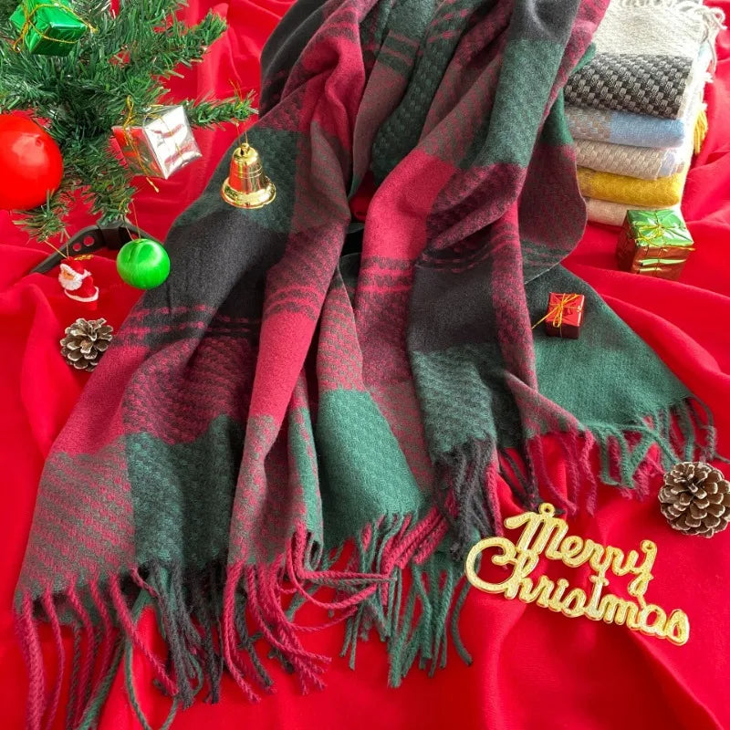 Scarf Retro Trend Women Checkered Christmas Scarf Cozy Cashmere Shawl.