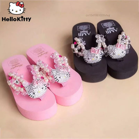 Sanrio Hello Kitty Soft Flip Flop Sandals Y2k Beach Slides Shoes Women Kawaii Casual Wedge High Heels Platform Slippers Ladies - KK Store