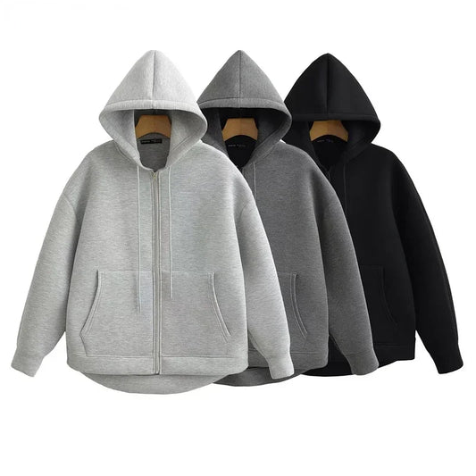 Winter New Women's Zipper Hoodie High Street Unisex style Double Pockets Oversize Loose Sweatshirts Outerwear Top