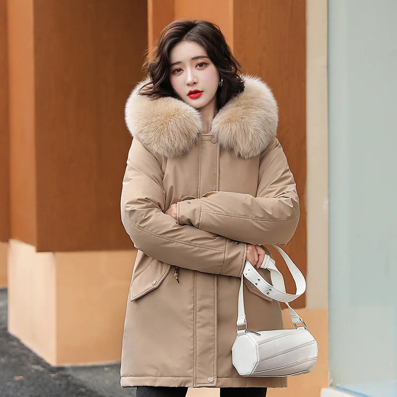 Women Parka Fashion Long Coat Wool Liner Hooded Parkas New Winter Jacket Slim with Fur Collar Warm Snow Wear Padded Clothes