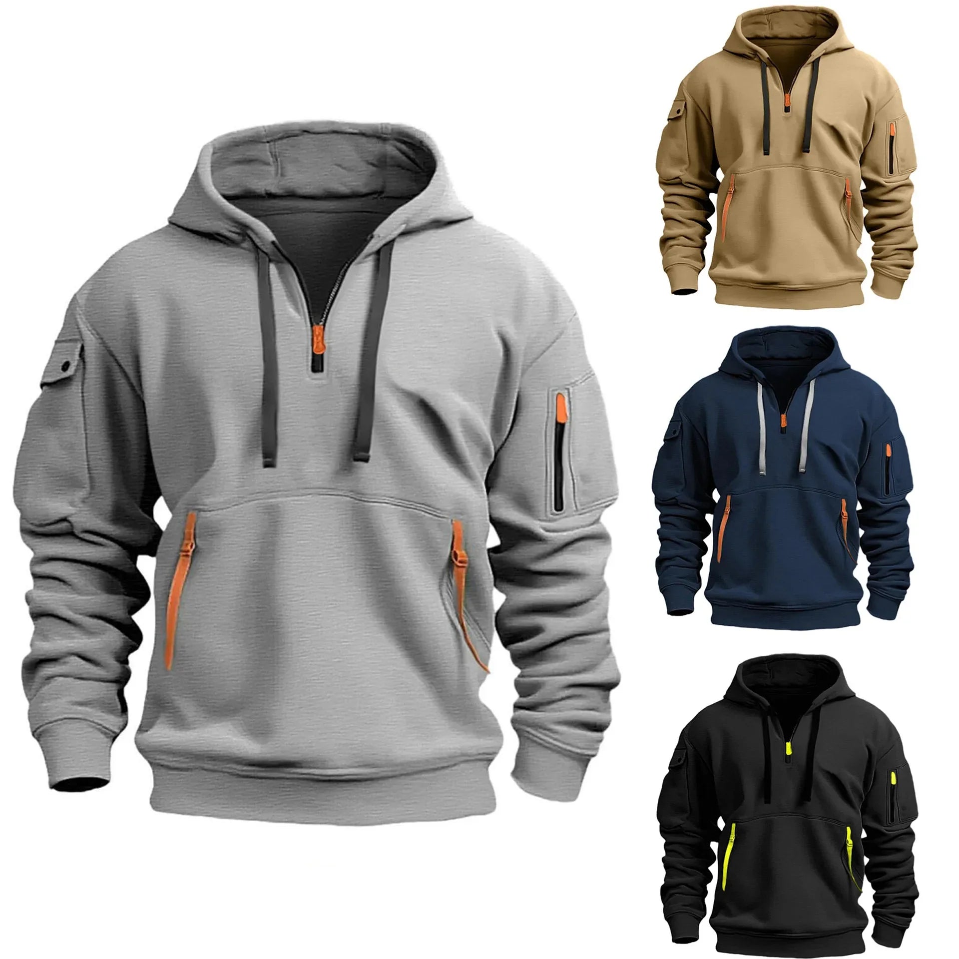 Unisex Hoodie Fleece Multi-Pocket Zipper, Casual Loose Fit Sweatshirt.