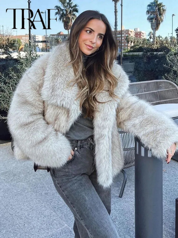 Women Loose Stand Collar Long Sleeve Coat Autumn Winter Chic Female Fur Jacket Coat