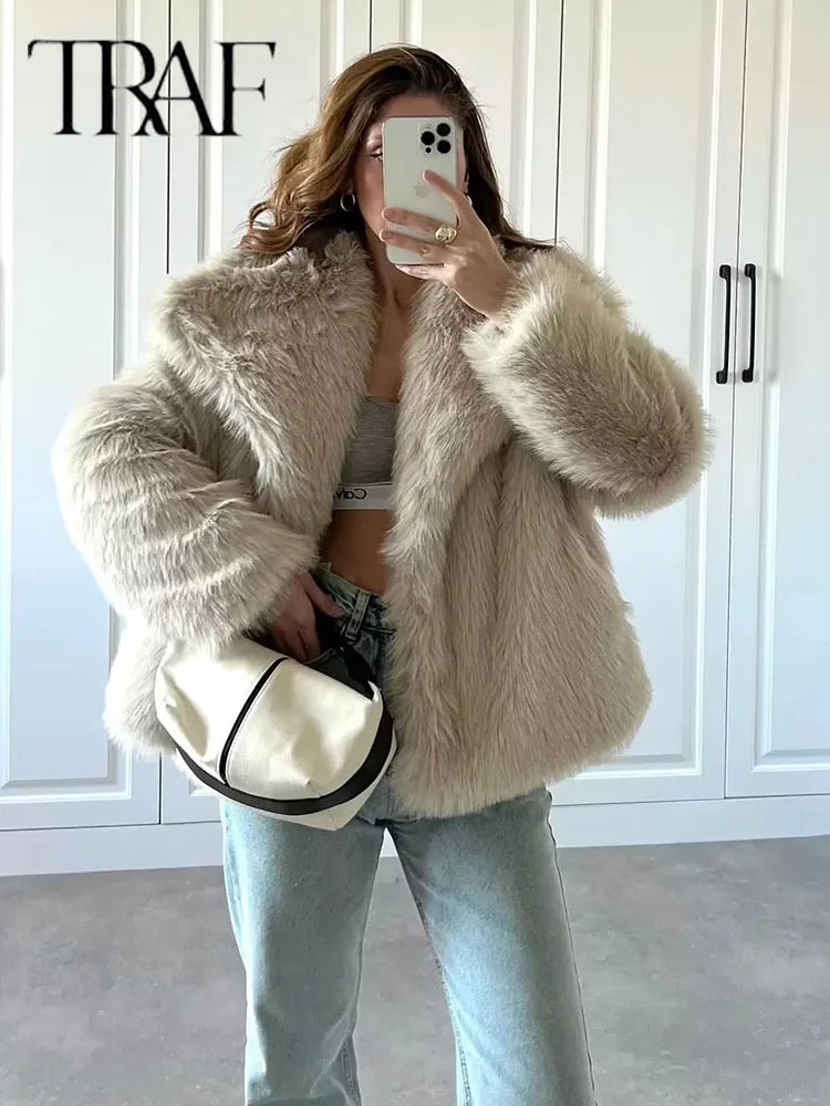 Women Loose Stand Collar Long Sleeve Coat Autumn Winter Chic Female Fur Jacket Coat