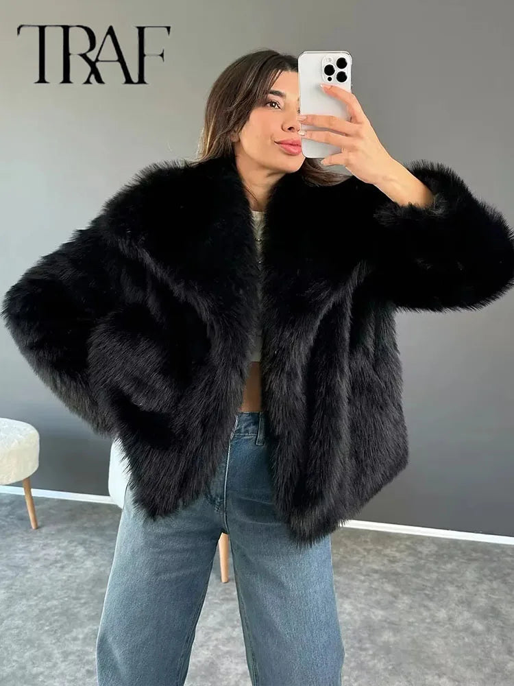 Women Loose Stand Collar Long Sleeve Coat Autumn Winter Chic Female Fur Jacket Coat