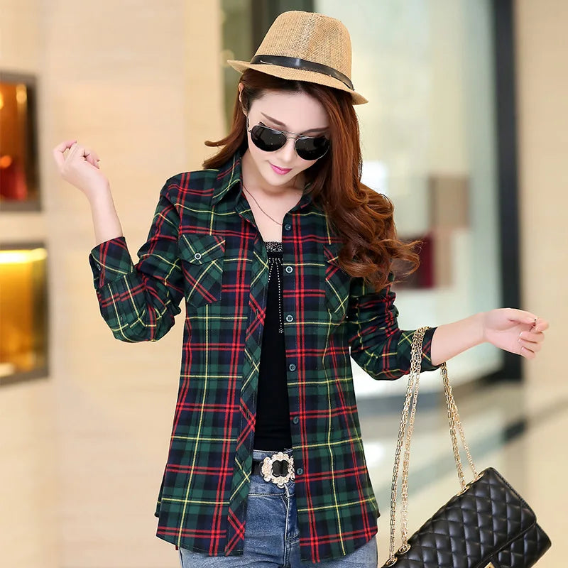 Trendy Women's Plaid Shirts Casual Cotton Loose Tops Youth Fashion Sty