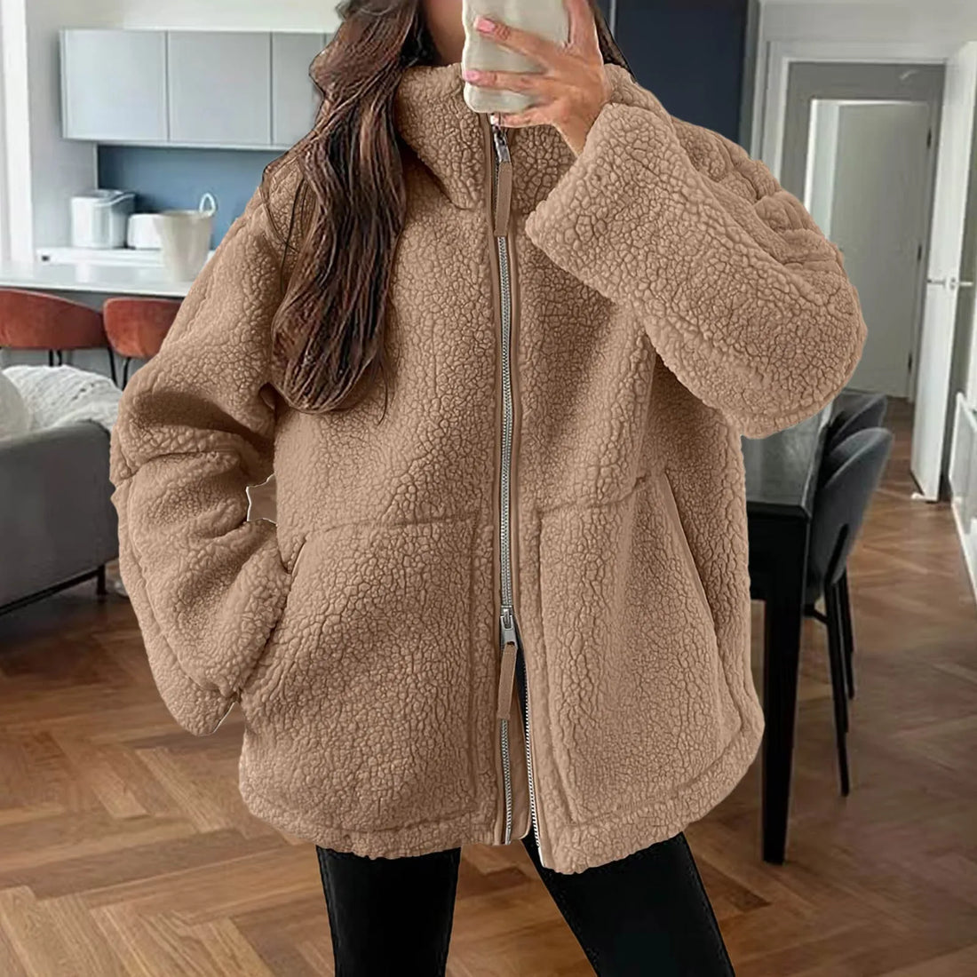 Women Oversized Plush Coats Autumn Winter Warm Turtleneck Fluffy Jacket Solid Color Long Sleeve Zipper Shaggy Outwear Coats