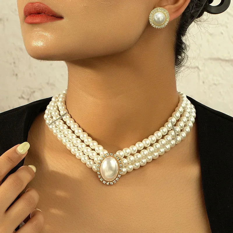 Women Elegant Pearl Clavicle Chain Collares Ladies Short Pendant Necklaces Earrings Choker Jewelry set - KK Store