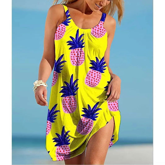 Women O Neck Sleeveless Dress Boho Solid Beach Sundress Tropical Fruit Print Fashion Sexy Beach Casual Resort Wear Hawaii Summer - KK Store